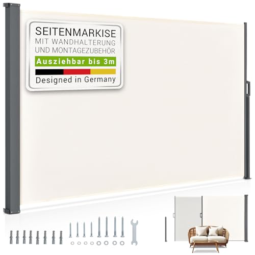 Tenda laterale Juskys Dubai 180 x 300 cm estensibile e opaca, frangivista e frangivento per balcone e terrazza, tenda laterale con staffa a muro - beige