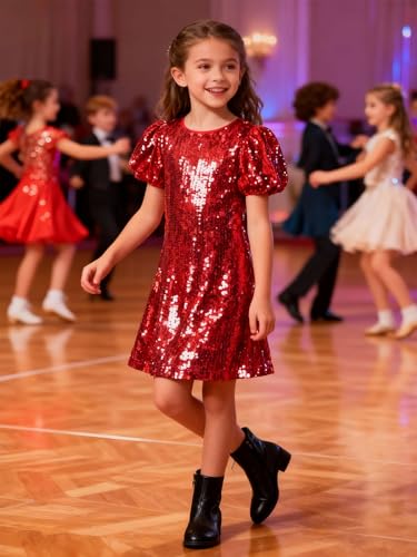 Image of WELAKEN Girls Ombre Sequin Dress Sparkly Fancy Short Puff Sleeves Gradient Party Dress