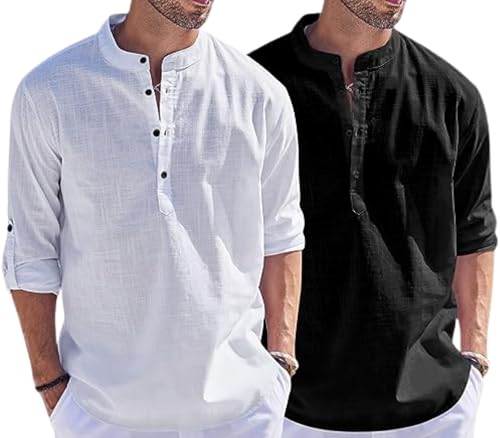 Image of Men's Cotton Blend Straight Kurta Shirt Combo with Mandarin Collar - Slim Fit Casual Short Kurti Set Featuring Textured Slub Fabric and Roll-Up Full Sleeves