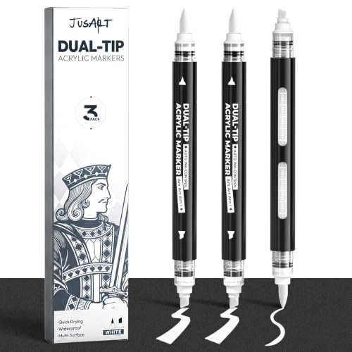 Image of JusArt 3 White Dual-Tip Acrylic Paint Markers, Automatic Ink Control | White Paint Pen for Wood, Glass, Fabric, Rock Painting, Coloring Books, DIY Crafts for Adults, Classroom & School Supplies
