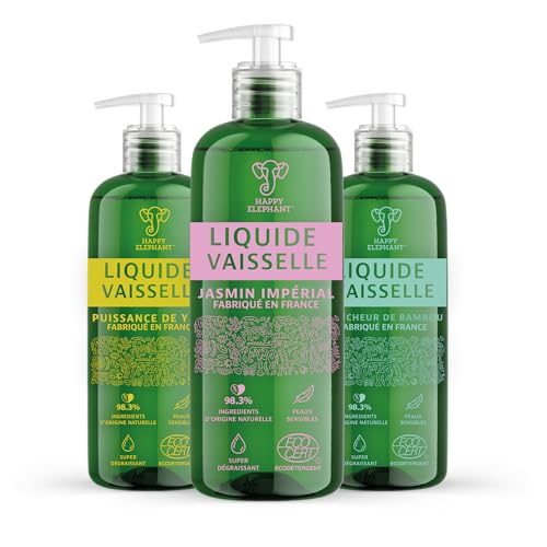 Happy Elephant - Liquide Vaisselle - Ultra Dégraissant - Ecocert, 98,4% d’Ingrédients d’Origine Naturelle, Fabrication Française - Bouteille 450 ml (Lot 3 - bambou, yuzu, jasmin)