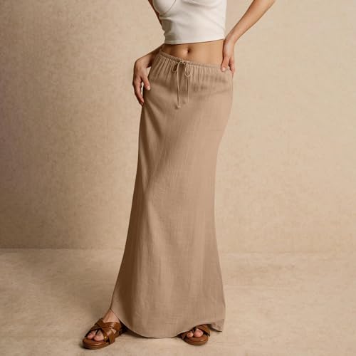 Womens Linen Maxi Skirt Drawstring Low Rise Long Skirts, Solid A-Line Casual Loose Flowy Long Beach Skirt2