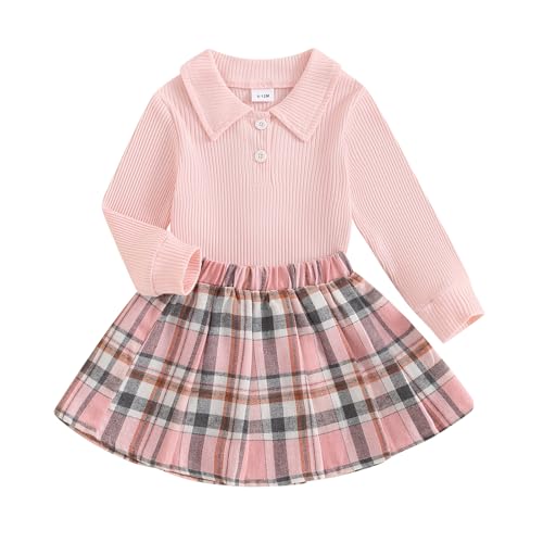 Toddler Baby Girl Fall Winter Clothes Long Sleeve Solid Knit T Shirt Tops Floral/Plaid Mini Pleated Skirts Set 12M-5T