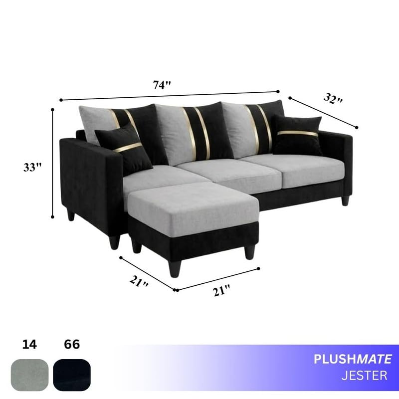 Image of Jester 4 Seater L Shape Sofa Set with Movable Ottoman | Flexible Left or Right Layout | Luxury Velvet Suede Fabric | Modern Living Room Sofa | Black-Light Grey