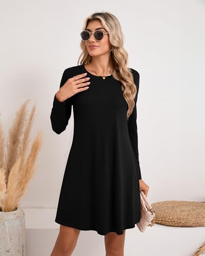 Huukeay 3 Pack Women's T Shirt Dresses, Long Sleeve Crew Neck Tunic Dresses Casual Loose Plain Dress Basic Swing Flowy Dress3