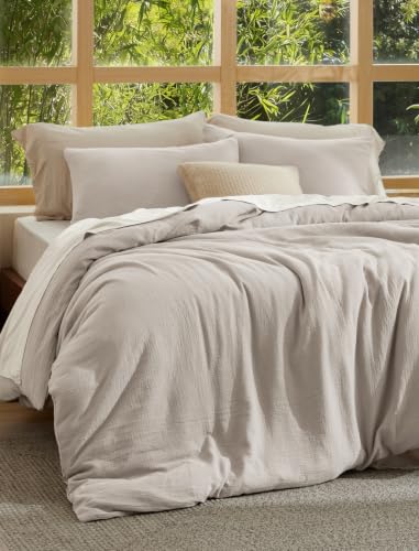 Image of Bedsure Muslin Duvet Cover Queen Size - Cotton Blend Viscose Derived from Bamboo, Cooling Duvet Cover, PureWoven Ultra-Soft & Breathable Bedding Set for All Seasons (Oat Milk, 90 inchx90 inch)