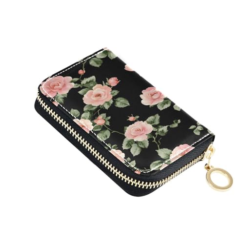 Small RFID Credit Card Holder Wallet with Zipper, Leather Wallet Case for Women Little Roses