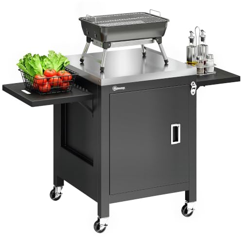 Image of Outsunny Outdoor Grill Cart, Pizza Oven Stand, Stainless Steel Top, Black