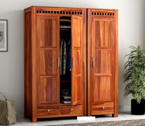 Image of Rajotiya FurnitureSheesham Wood 3 Door Wardrobe Storage with 3 Drawers Wooden Multipurpose Almirah for Home Living Room - Natural Finish| (I-Hony)