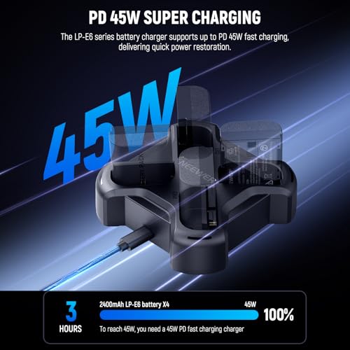 Image of NEEWER LP-E6 /LP-E6N /LP-E6NH /LP-E6P Four Channel Battery Charger with PD 45W Fast Charging, USB C Cable, Quad USB Charger Compatible with Canon EOS R5 Mark II 6D MarkII 5D MarkIII 5D Mark IV, NW-P4