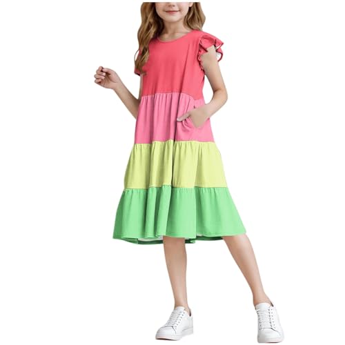 Dresses for Girls Summer Double Layer Ruffle Sleeve Dress Kids Casual Flowy A-Line Sundress for 6-15 Years