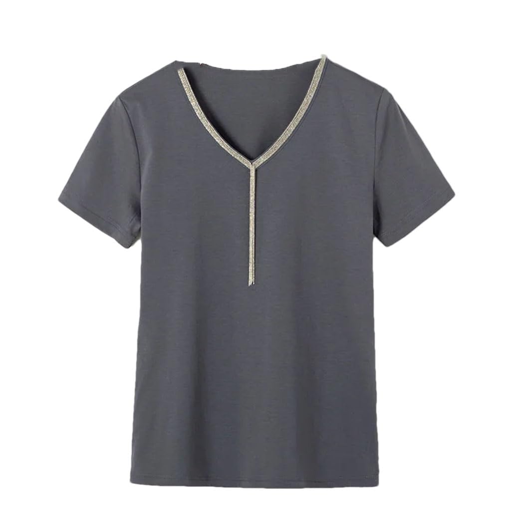 Camiseta de algodón con cuello en V para mujer, ajuste delgado, color liso, manga corta, casual, ajustada, clásica