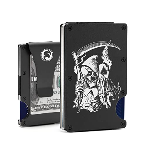 Coukula Minimalist Wallet for Men - RFID Blocking Metal Wallet - Engraved Skull Poker - Aluminum Slim Money Clip - Front Pocket Credit Card Holder - Tactical Wallet for Business Travel