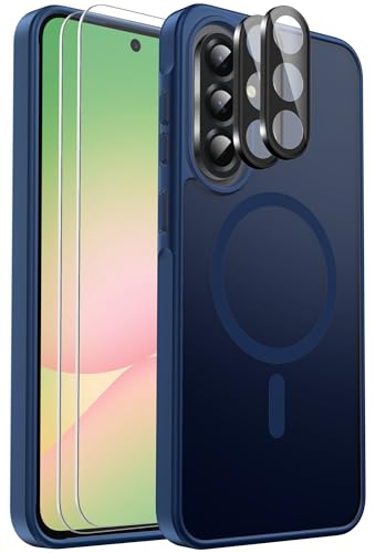 Ezanmull for Samsung Galaxy A56 5G Phone Case Magnetic Shockproof, [Fit for MagSafe] [Glass Screen Protector + Camera Lens Protector] Translucent Anti-Fingerprint (Blue)