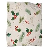 kaiyun Frutos Rojos, Hojas de Acebo, Ramas de Pino Nevadas Colchas Patchwork,Suaves Y Cálidas Mantas De Franela Estampada para Casa Y Camping 50x60inch(127x152cm)