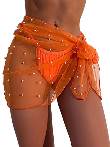 Image of GORGLITTER Women's Cover Up Sarong Wrap Skirt Bachelorette Outfits for Bride Sheer Mesh Bridal Swimsuit Pearl Bathing Suit