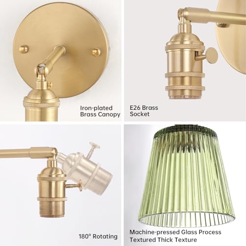 Image of Shenmoyl Vintage Wall Sconces Set of 2 with Green Stripe Glass Lampshade 180 Degree Adjustable Brass Sconces Hradwired Modern Wall Lighting Fixture with Switch for Bedside Bedroom Doorway