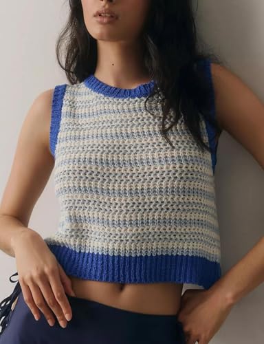 Image of Yvipette Women Sweater Vest Sleeveless Crochet Tops Casual Color Block Tie Back Knit Tank Tops Striped Crop Tank Tops