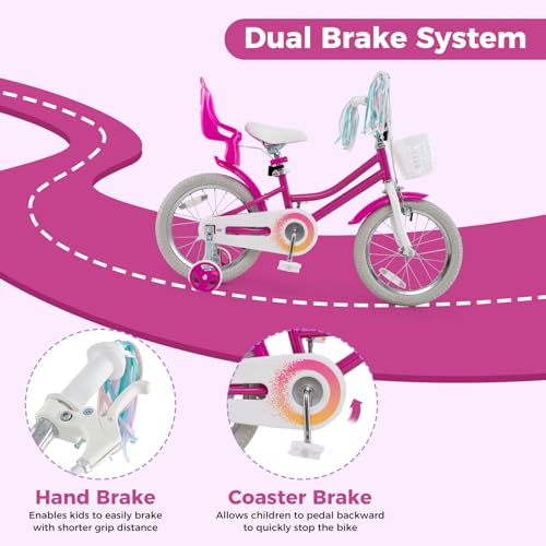 Image of BABY JOY Girls Bike with Streamers & Doll-Seat, Kids Bike for 3-8 Years Old | 12 14 16 18 20 Inch Children Bicycle w /Detachable Training Wheels or Kickstand, Storage Basket, Adjustable Seat and Handlebar