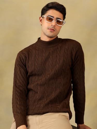 Image of Kvetoo Men's High Neck Cable Knit Sweater | Winter Pullover | Warm Wool Blend |Casual Full Sleeve Sweater for Men | Stylish Ribbed Neck Slim Fit Winterwear