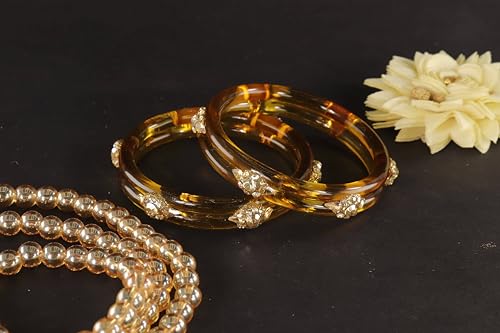 Image of NMII Diamond Glass Bangles Crystal Kada Set For Women & Girls Adorned with Golden Zircon Stones | Trending Girls Bangles Bracelet | Transparent Chudi Kangan For Wedding, Party, Daily, Ethnic- Set of 2