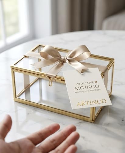 Image of Art India Collections Rectangular Glass Jewelry Box in Brass 5x3x2 Inches