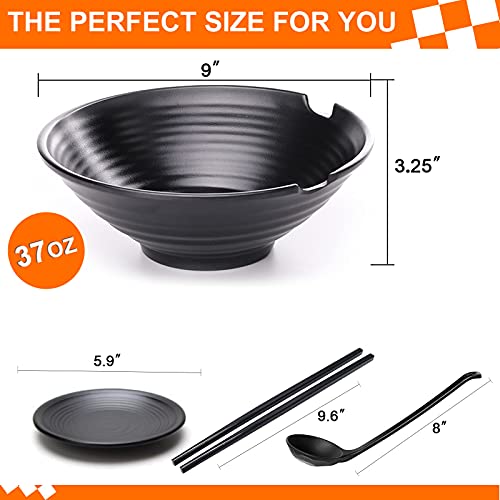 Vivimee Unbreakable Japanese Style Ramen Bowl Set Of 2, 37Oz Black Large Ramen Bowls And Spoons Set With Chopsticks & Saucers For Pho Thai Miso Udon Soup Noodles Or Asian Food, Matte Melamine Bowls #TOP1