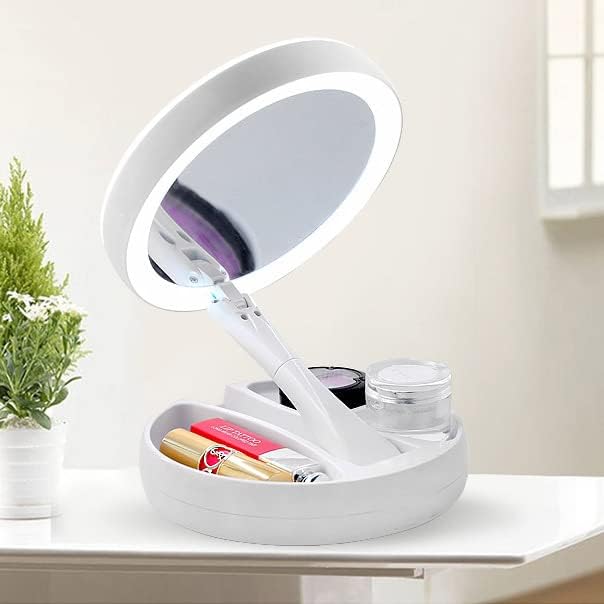 UMIRNI Espejo de maquillaje iluminado, espejo de aumento de doble cara 1 x 10X, espejo de tocador con luces, diseño inteligente con brillo, ángulo y