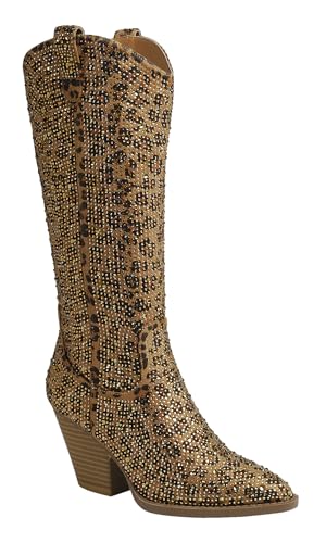 Women's Rhinestones Cowboy Knee High Boots River 11 Leopard Rhinestone 7