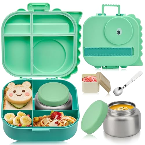 Image of Pawtong Bento Lunch Box with Thermo, 4-Compartment Bento Box with Adjustable Dividers, Leakproof Dinosaur Lunch Box with 14.2OZ Insulated Food Jar & Sauce Jar, for School Office Travel(Green)