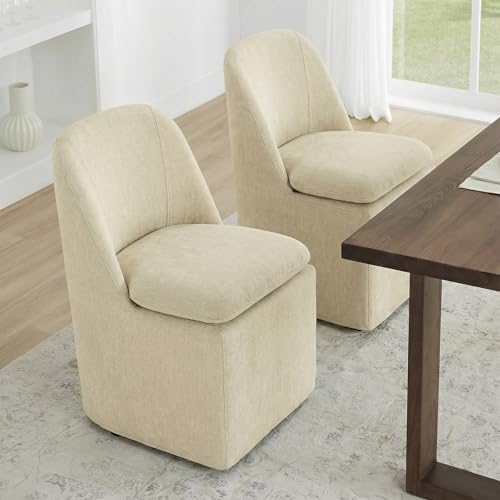 Image of KISLOT Upholstered Dining Chairs Set of 2 with Casters, Modern Side Armless Deskchair with Washable Slipcover & Sturdy Metal Frame for Diningroom Bedroom Livingroom Reading Room, Sand Fabric