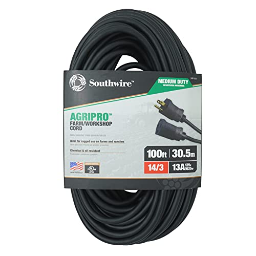 AgriPro Southwire 64816301 14/3 SJTOW 100-Foot Medium-Duty 13 Amp Farm/Workshop Extension Cord, Made in The USA, 100-Feet, UL Listed, Black