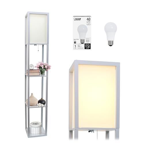 Simple Designs LF1014-GRY-LB Three Shelf Etagere Organizer Storage Floor Lamp with White Linen Shade for Living Room, Bedroom, Office, Hallway, Gray, with Feit LED Bulb Included by Simple Designs - Used condition - US$35.10