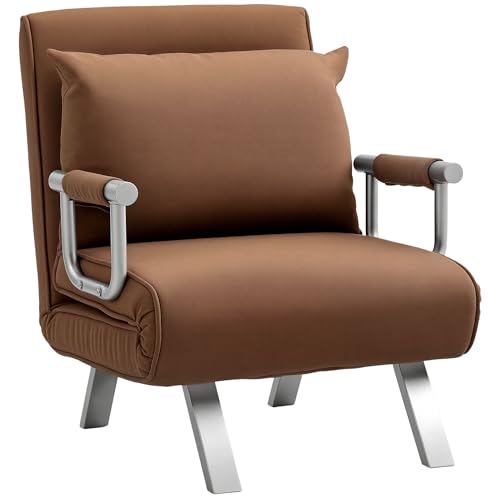 HOMCOM Sofá Cama de 1 Plaza 2 en 1, Sillón Cama Plegable Tapizado en Ante Sintético, con Respaldo Ajustable en 5 Niveles y Almohada Acolchada, para Oficina, Dormitorio, Salón, 65x69x80 cm, Marrón