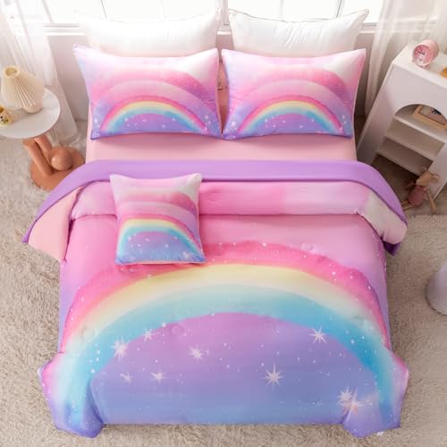 Image of Glitter Rainbow Queen Size Girls Bedding 6 Pieces Colorful Galaxy Comforter Set with Sheets Pink Purple Gradient Bed in A Bag for Kids Teen Girl (Glitter Rainbow, Queen)