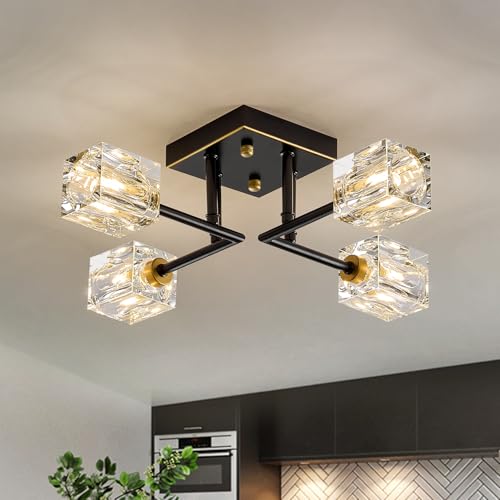 Image of Black Gold Sputnik Chandeliers Industrial 18 inch Crystal Semi Flush Mount Ceiling Light Fixture 4-Light Modern Chandelier for Hallway Entryway Kitchen Bedroom Dining Room