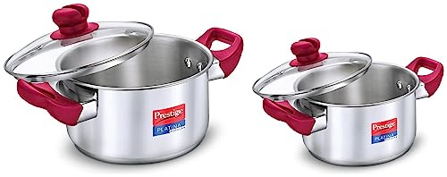 Image of Prestige Platina Popular Gas and Induction Compatible Casserole with Glass Lid, 240 Mm, 5.5 Litre & Platina Popular Gas and Casserole with Glass Lid, 200 Mm, 3 Litre, Non-Stick, Silver