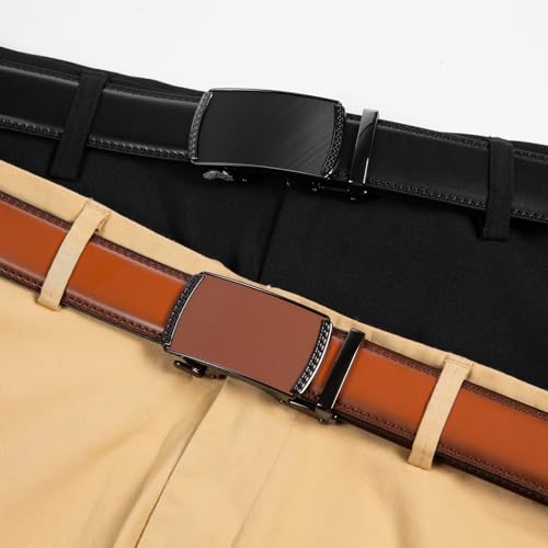 Image of Founders & C Mens Belt 2 Pack,Leather Ratchet Click Belt Dress with Slide Buckle 1 3 /8 inch in Gift Set Box- Size Adjustable