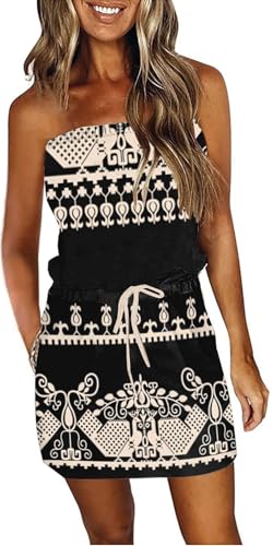 Image of Summer Dress for Women Strapless Beach Cover Ups Boho Sundress Mini Dress Drawstring Waist with Pockets