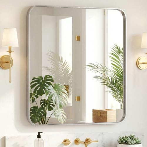 Image of NEWBULIG 32 inchx36 inch Sliver Wall Mirror, Bathroom Mirrors for Over Sink, Matte Metal Framed Vanity Mirror with Tempered Glass, Entryway, Living Room, Bedroom
