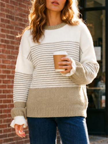Saodimallsu Womens Striped Ruffle Sleeve Pullover Sweaters 2026 Fall Trendy Slouchy Color Block Preppy Sweater Tops Khaki — view 5