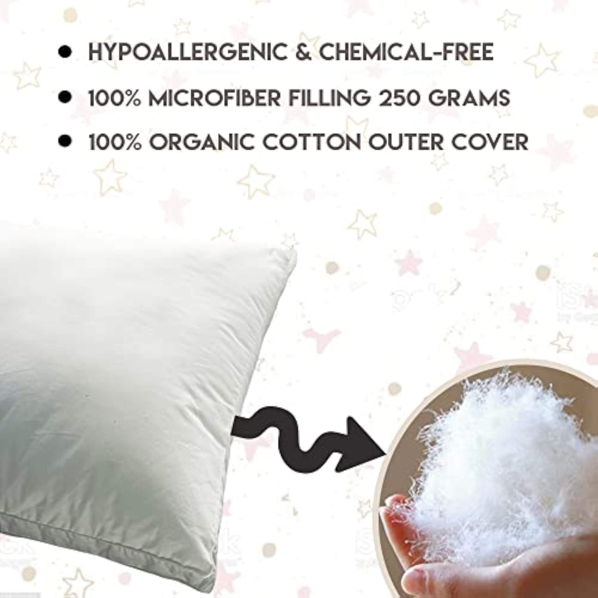 Toddler Pillow with 100% Cotton Removable Cover - Grey Star