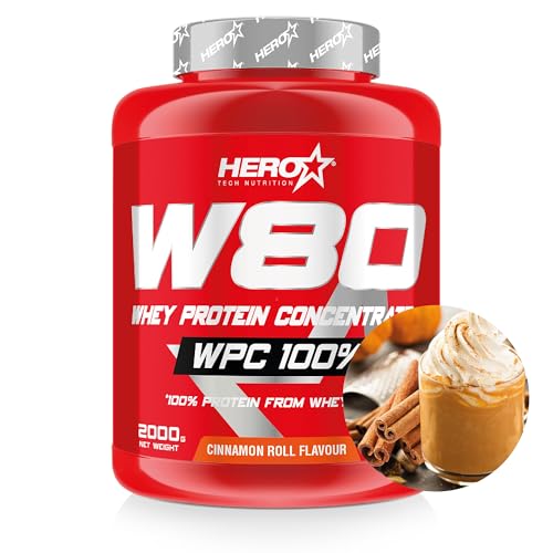 HERO TECH | W80 WHEY PROTEIN | Concentrado Proteína de Suero | Mejores entrenamientos | Aumenta la Recuperación y Crecimiento Muscular (2 kg, Rollo Canela)