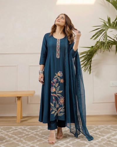 Image of ANNI Designer Kurta Sets for Women Viscose Embroidered | Kurti Set for Woman | Kurta Pant Dupatta Set | A Line Kurti | Round Neck 3 /4 Sleeve Suit Set for Women Stylish Ethnic Outfit Clothing