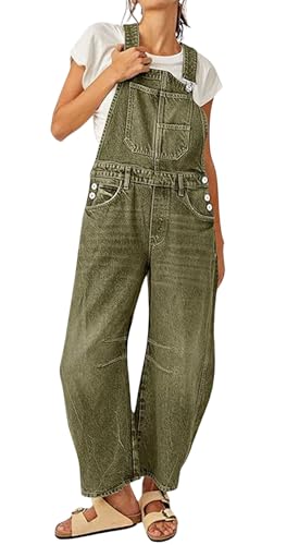 loveimgs Women Y2k Baggy Barrel Jeans Overalls Wide Leg Denim Pants Bib Overalls Jumpsuit Boyfriend Patchwork Jeans (Large Army green)