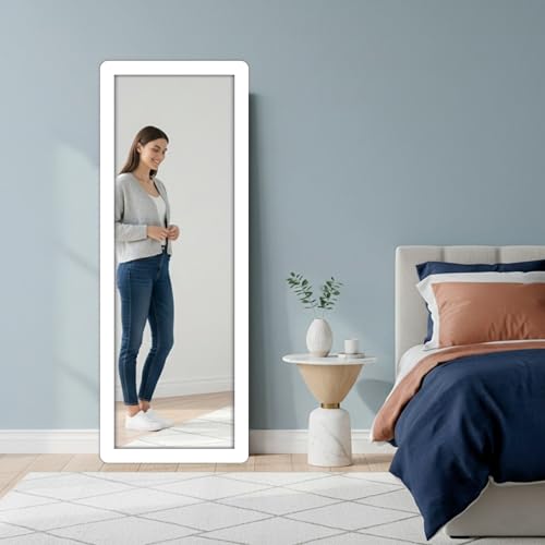Image of Creative Arts n Frames 15x51 inch Sophisticated White Long Fiber Wood Wall Hanging Mount HD Mirror Home Decor Items Living Room Bathroom Bedroom Hotel Office (Sophisticated White Framed HD Mirror)