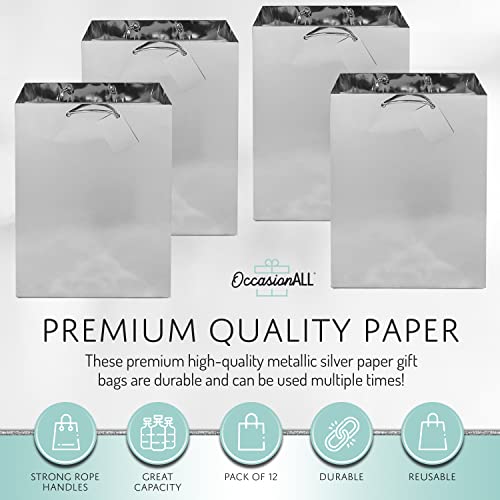 OccasionALL 10x5x13 12 Piece Large Silver Gift Bags with Handles and Tags, Metallic Gift Bags for Jewelry, Holidays, Christmas, Weddings