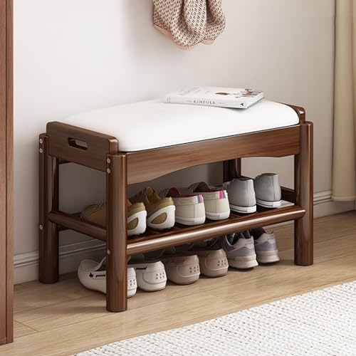 Banc à chaussures en bois massif meuble entrée étagère rembourrée marron