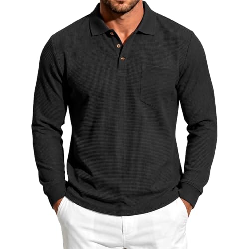 Mens Long Sleeve Polo Shirts Button Down Collar Golf Shirt | Trendy Casual, Button Down Collar, Chest Pocket, Slim Fit, Lightweight, Golf, Work, Fall, Winter Black XL - image 6
