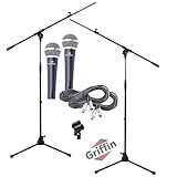 GRIFFIN Microphone Boom Stand, Cardioid Dynamic Mic, XLR Cable, & Clip (Pack of 2) | Telescoping Arm